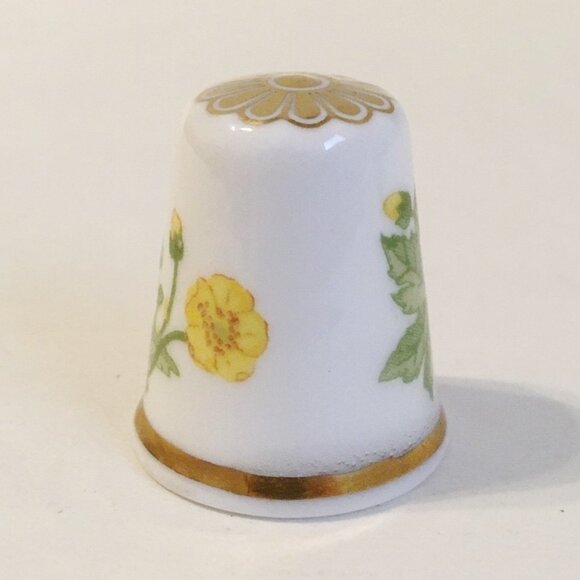 Floral Spode Thimble Vintage Fine Bone China England Yellow Flowers Green Leaves - Picture 4 of 6